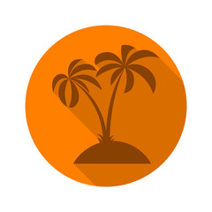 Palm tree. Flat icon with long shadow on orange round background. Flat design style. Vector illustration. EPS10.