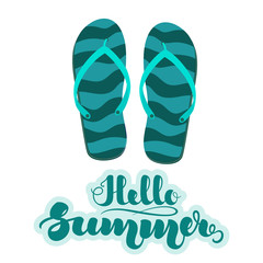 Turquoise striped beach slippers, flip flops and handwritten lettering 