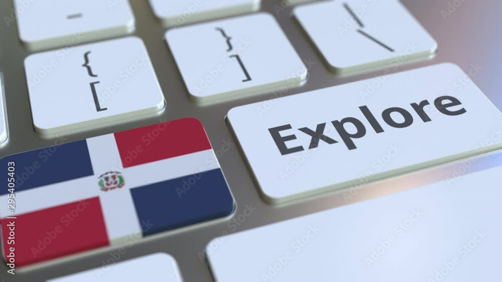 Poster explore word and national flag of the dominican republic on the buttons of the keyboard. 3d animatio