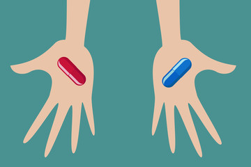 Hands with Red and blue pills choice