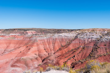 Petrified Forest National Park landscape of the painted hills of pink, red and orange