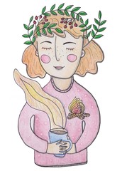 illustration with a girl with a Rowan wreath on her head