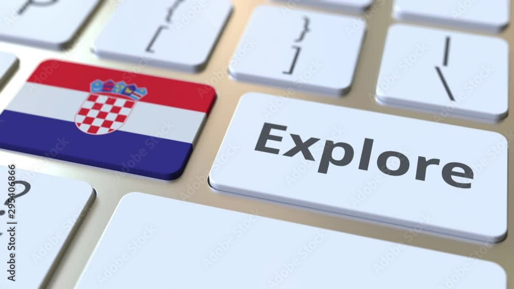 Poster explore word and national flag of croatia on the buttons of the keyboard. 3d animation
