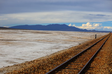 Railroad in the midst of the frozen desert In the highlands of Bolivia