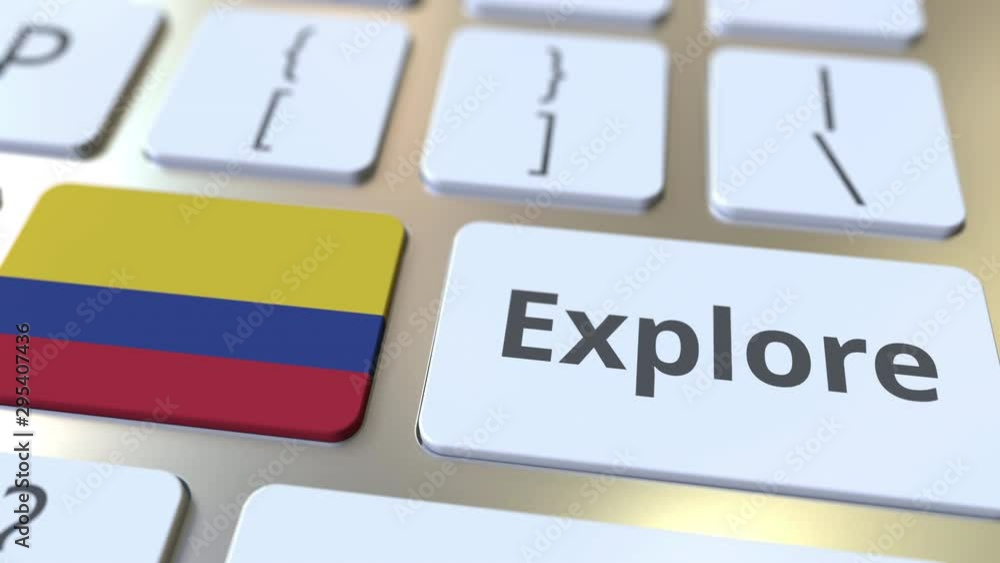Poster explore word and national flag of colombia on the buttons of the keyboard. 3d animation