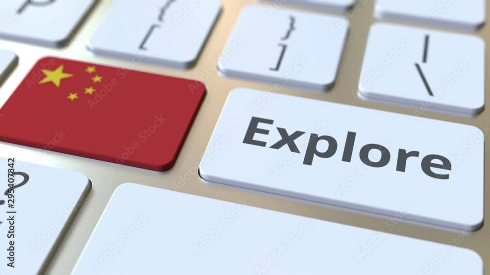 Poster explore word and national flag of china on the buttons of the keyboard. 3d animation