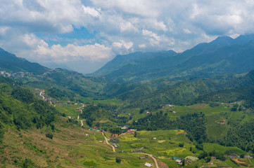 Fototapeta na wymiar Aerial view of Sapa mountain valley with spectacular rice terraces