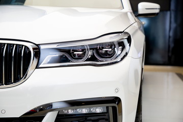 Bangkok , Thailand 2019 : close up headlight front view of BMW 730 Ld M Sport luxury car presented...