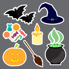 Set of Halloween stickers on transparent background. Vector illustration.