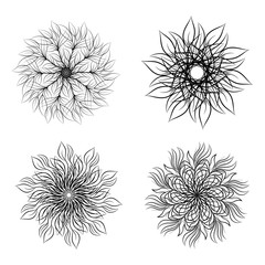Set of round floral ornaments isolated on white background. Decorative design element. Outline vector illustration for invitation, greeting cards, print on T-shirt and other items.