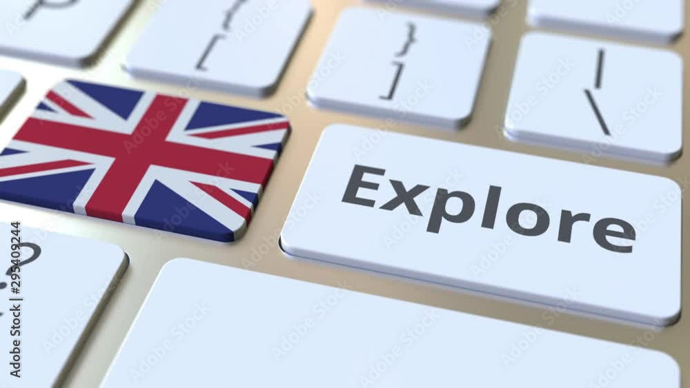 Poster explore word and national flag of great britain on the buttons of the keyboard. 3d animation