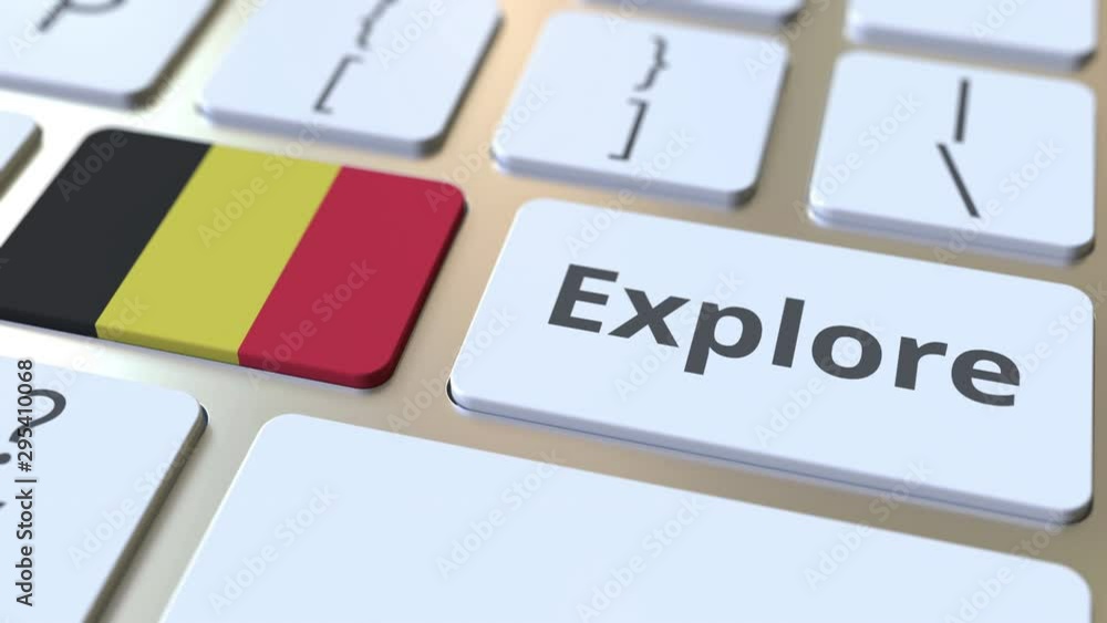 Poster explore word and national flag of belgium on the buttons of the keyboard. 3d animation