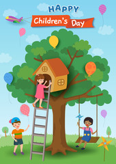Happy Children's Day kids playing on tree house and swing