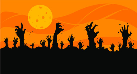 Fototapeta na wymiar Vector illustration, Flat Style, Horror halloween backgroud, silhouette of zombie hands come out of the ground or the cemetery on top there is a full moon, can use for card, poster, banner, invitation