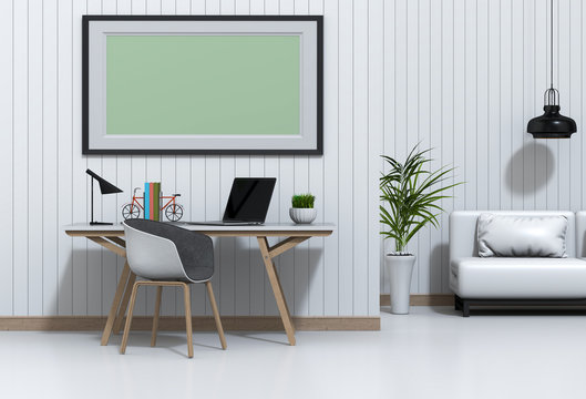 3D render interior living room workspace with laptop computer and mockup blank poster