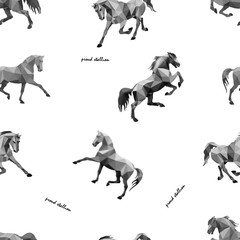 seamless background of monochrome polygonal vector-isolated images of horses on a white background in the style of " low poly"