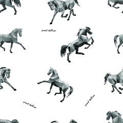 seamless background of monochrome polygonal vector-isolated images of horses on a white background in the style of " low poly"
