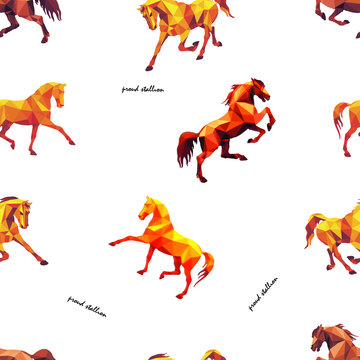 seamless background of amber color polygonal vector-isolated images of horses on a colored background in the style of " low poly"