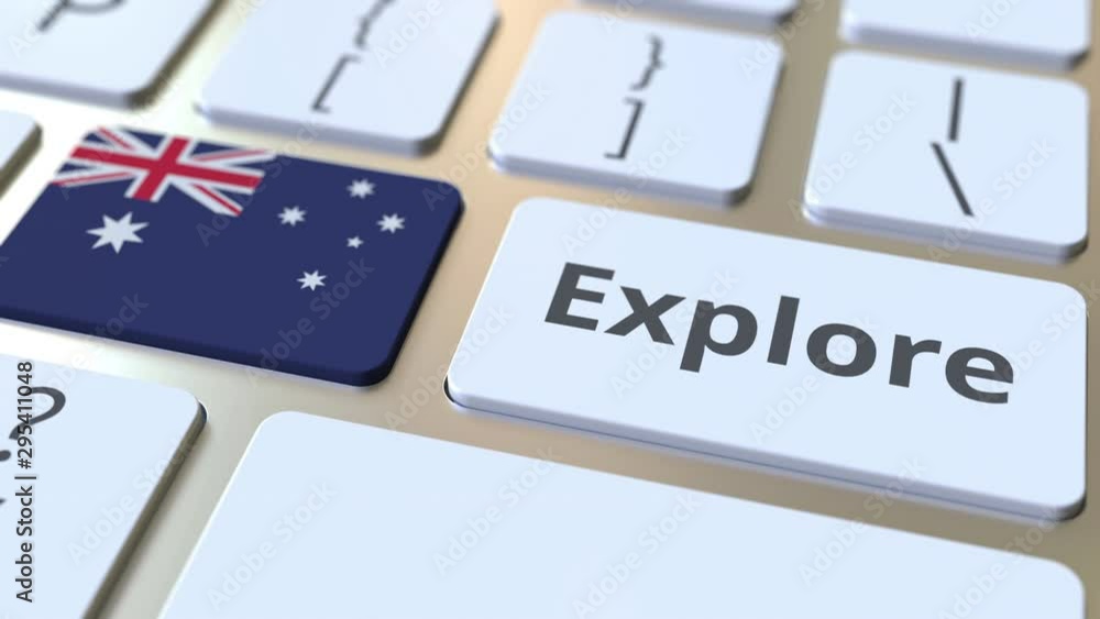 Poster explore word and national flag of australia on the buttons of the keyboard. 3d animation