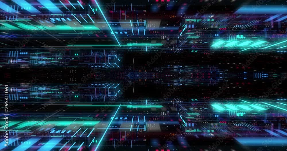 Poster seamless loop of abstract futuristic technological background, floating circuits, charts, digits ele