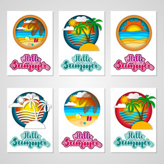 Set of summer cards with summer landscapes and lettering. Vector illustration for cards, banners, posters, flyers, stickers and much more.