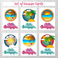 Set of summer cards with summer landscapes and lettering. Vector illustration for cards, banners, posters, flyers, stickers and much more.