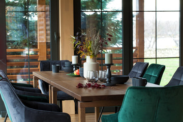 Interior of dining room in a wooden country house