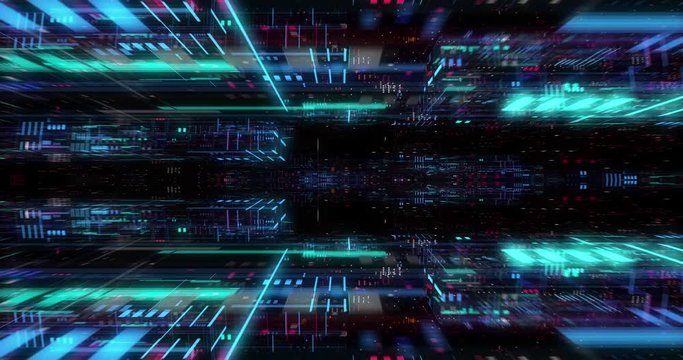 Seamless loop of abstract futuristic technological background, floating circuits, charts, digits elements. Nano chip circuit, modern micro electrons on digital gadget board 3D render