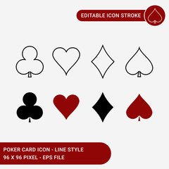 Poker card icons set vector illustration with icon line style. Club, heart, diamond, and spade symbol card concept. Editable stroke icon on isolated white background for web design, user interface,  a