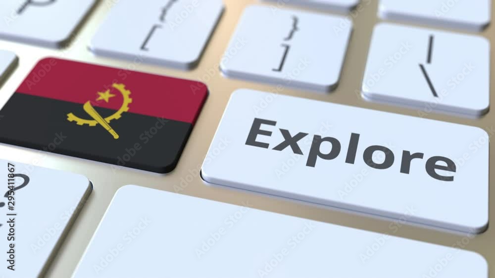 Poster explore word and national flag of angola on the buttons of the keyboard. 3d animation