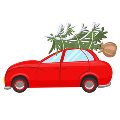 The car carries a Christmas tree isolated on white background