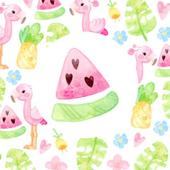 Cute cartoon illustration. Hand drawn watercolor. Round frame of tropical pink flamingos, watermelon, pineapple flowers. Template for postcard.