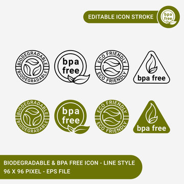 Biodegradable, Bpa Free, & Eco Icons Set Vector Illustration, Icon Line Style. Eco Friendly And Free Plastic Badge Concept. Editable Stroke Icon On Isolated Background For Web Design & UI Mobile App