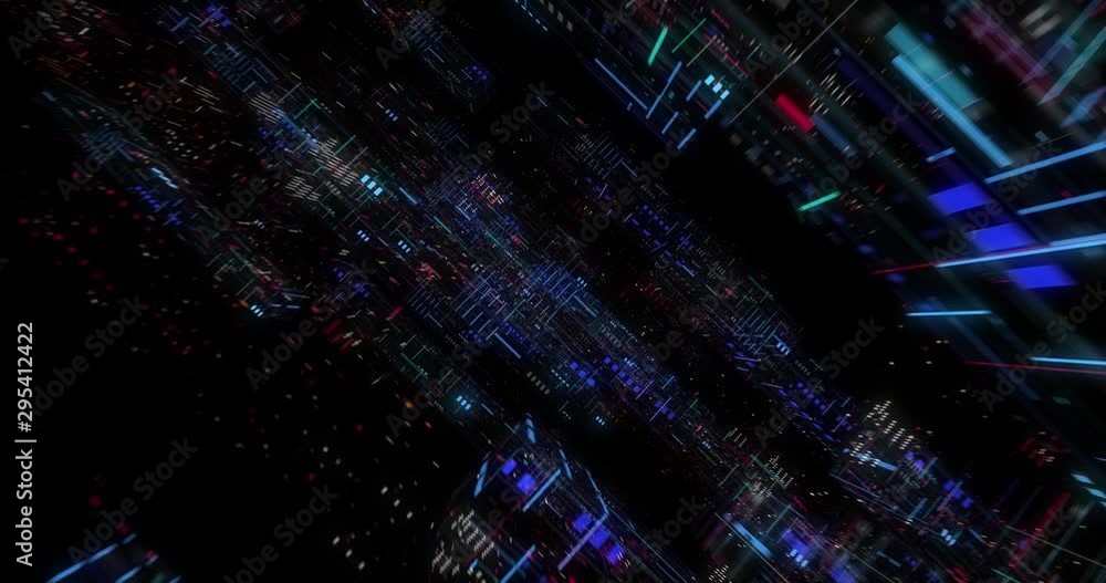Poster seamless fly through of abstract circuitry with digital grid background, data deep learning computer