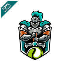 Vector sport logo, knight  illustration and tennis on the shield background. Logo for sport club or team. Vector illustration