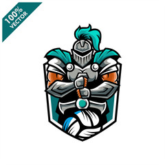 Vector sport logo, knight  illustration and volleyball on the shield background. Logo for sport club or team. Vector illustration
