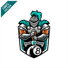 Vector sport logo, knight  illustration and billiard ball 8 on the shield background. Logo for sport club or team. Vector illustration