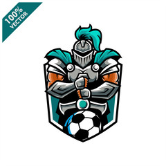 Vector sport logo, knight  illustration and football soccer on the shield background. Logo for sport club or team. Vector illustration