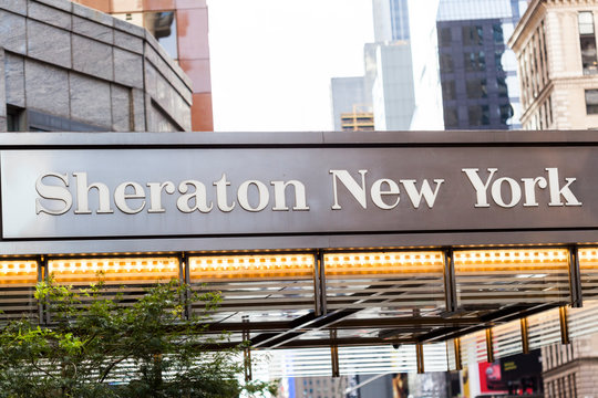 New York, New York, USA - October 10, 2019: Sheraton Hotel Marquee near Times Square in New York City,