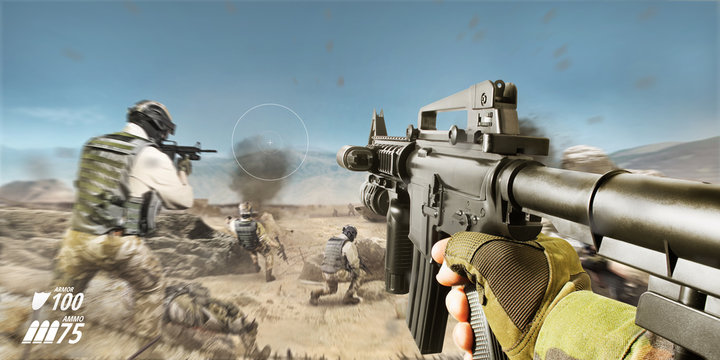 Desert battlefield first person vr rifle view with soldiers and explosions.