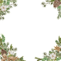 Merry Christmas Square Frame composition with pine and fir branches, cotton, anise flower, bow and cone. Winter  banner for New Year holidays for invitation, greeting cards and wrappind paper