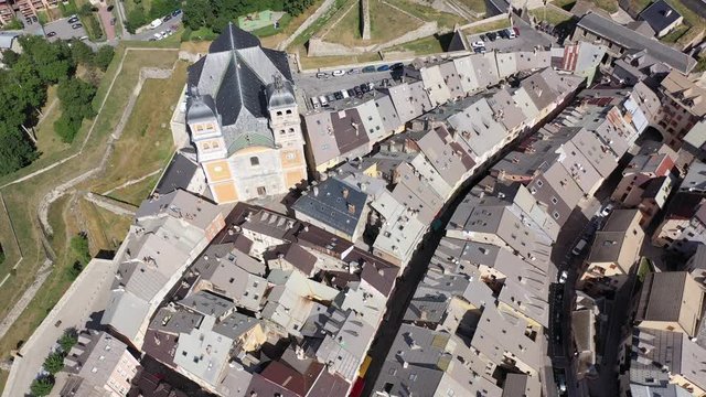 Aerial view of medieval fortified city of Briancon with impressive citadel on hill, France