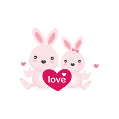 Greeting card with couple bunny and Big pink hearts.