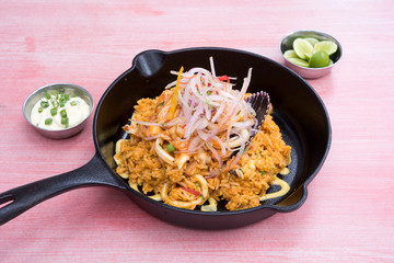 rice with seafood. Typical food of Peruvian cuisine.