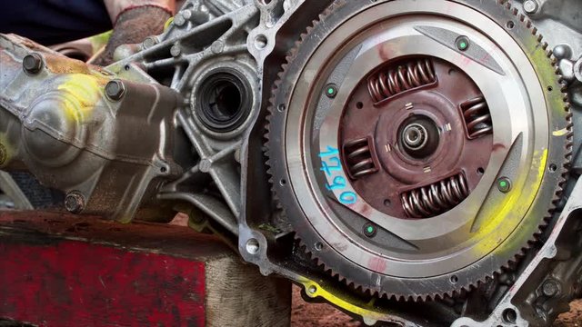 Close view of transmission under repair in garage
