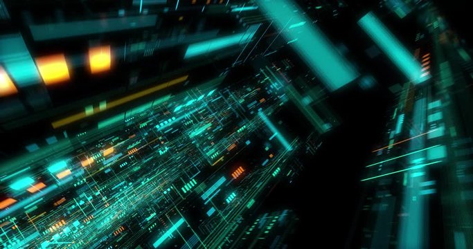 Seamless loop of abstract matrix hologram digital data flow. fly through time and space, warp through science fiction binary code particles network. Science and Technology concept. 3D render