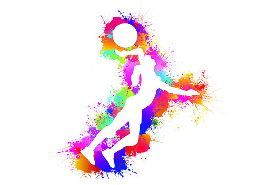 Silhouette of volleyball player, Illustration background, Vector colorful paint, drops, ink splashes, Sport, Exercise, Logo, Symbol.