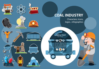Coal industry icons, characters, infographics.