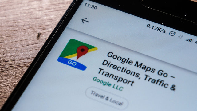 Magelang, Central Java, Indonesia, April 16, 2019. Google Maps  app in play store. close up on the Android Smartphones screen. - Image