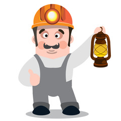 Miner, handyman, builder. A man in work clothes with a kerosene lamp